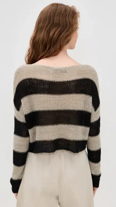 ENZA COSTA Stripe Linen Bateau Sweater Oatmeal/Black M | Thumbnail 3
