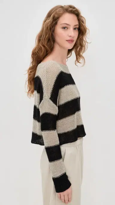 ENZA COSTA Stripe Linen Bateau Sweater Oatmeal/Black M | Thumbnail 4
