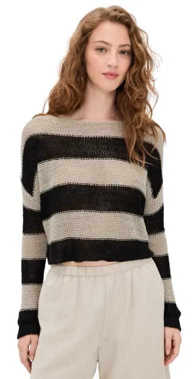 ENZA COSTA Stripe Linen Bateau Sweater Oatmeal/Black M | Thumbnail 1