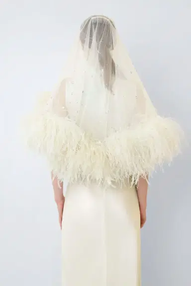Lapointe Tulle Embroidered Short Veil With Feathers | Thumbnail 2 Lapointe Tulle Embroidered Short Veil With Feathers | Thumbnail 2