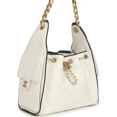 Chanel Chanel Small 25 Hobo Bag White Raffia and Black Calfskin Antique Gold Hardware | Thumbnail 2 Chanel Chanel Small 25 Hobo Bag White Raffia and Black Calfskin Antique Gold Hardware | Thumbnail 2