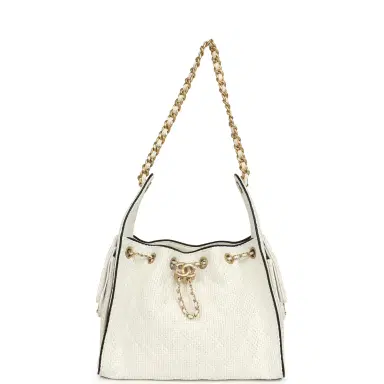 Chanel Chanel Small 25 Hobo Bag White Raffia and Black Calfskin Antique Gold Hardware | Thumbnail 7 Chanel Chanel Small 25 Hobo Bag White Raffia and Black Calfskin Antique Gold Hardware | Thumbnail 7