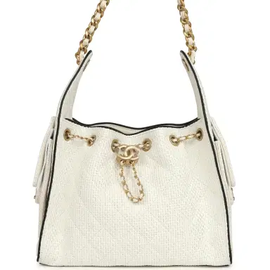 Chanel Chanel Small 25 Hobo Bag White Raffia and Black Calfskin Antique Gold Hardware | Thumbnail 1 Chanel Chanel Small 25 Hobo Bag White Raffia and Black Calfskin Antique Gold Hardware | Thumbnail 1