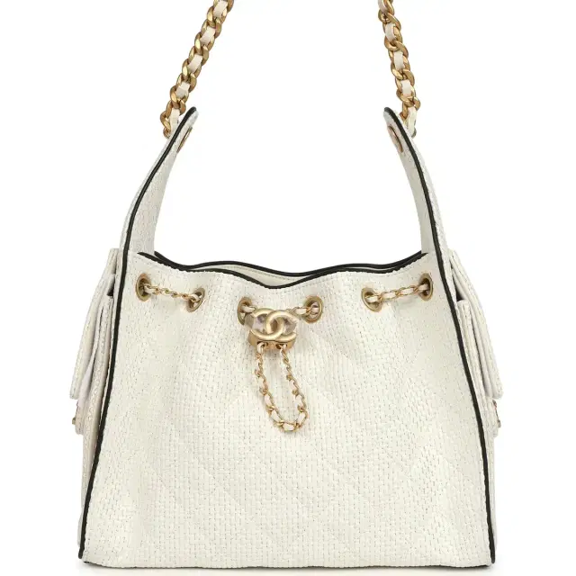 Chanel Chanel Small 25 Hobo Bag White Raffia and Black Calfskin Antique Gold Hardware
