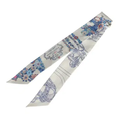 HERMÈS Hermes "Brides de Gala En Fleur" Gris Perle and Bleu Jean Multi Silk Twilly Pair | Thumbnail 2