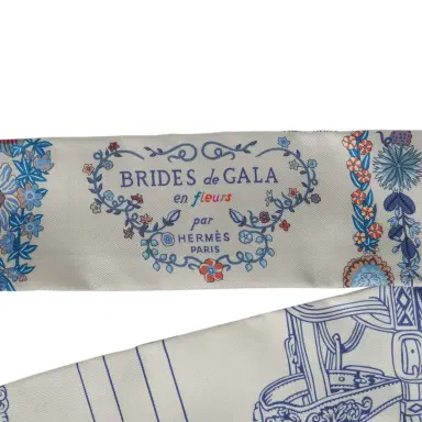 HERMÈS Hermes "Brides de Gala En Fleur" Gris Perle and Bleu Jean Multi Silk Twilly Pair | Thumbnail 3