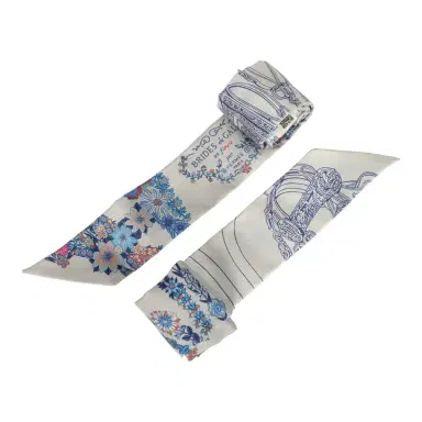 HERMÈS Hermes "Brides de Gala En Fleur" Gris Perle and Bleu Jean Multi Silk Twilly Pair | Thumbnail 4