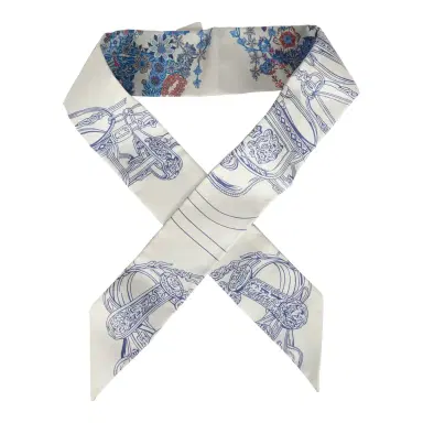 HERMÈS Hermes "Brides de Gala En Fleur" Gris Perle and Bleu Jean Multi Silk Twilly Pair | Thumbnail 1