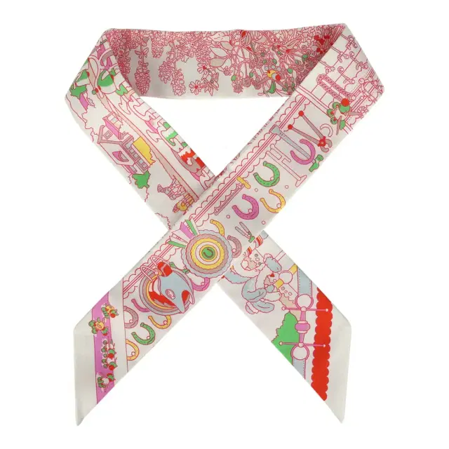 Hermes "Pony Pit Stop" Blanc, Rose and Multi Silk Twilly Pair