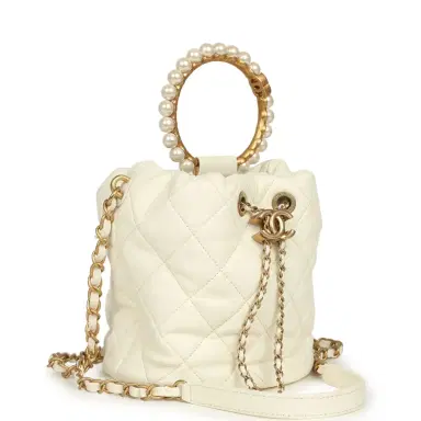 Chanel Pre-owned Chanel Mini Pearl Top Handle Bucket Bag White Calfskin Antique Gold Hardware | Thumbnail 2 Chanel Pre-owned Chanel Mini Pearl Top Handle Bucket Bag White Calfskin Antique Gold Hardware | Thumbnail 2