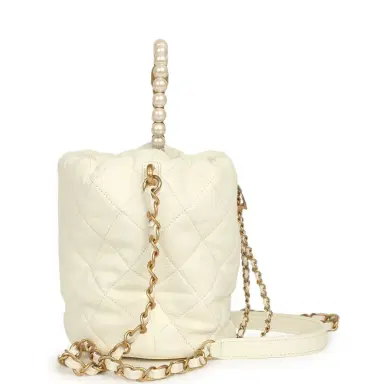 Chanel Pre-owned Chanel Mini Pearl Top Handle Bucket Bag White Calfskin Antique Gold Hardware | Thumbnail 3 Chanel Pre-owned Chanel Mini Pearl Top Handle Bucket Bag White Calfskin Antique Gold Hardware | Thumbnail 3