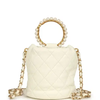 Chanel Pre-owned Chanel Mini Pearl Top Handle Bucket Bag White Calfskin Antique Gold Hardware | Thumbnail 4 Chanel Pre-owned Chanel Mini Pearl Top Handle Bucket Bag White Calfskin Antique Gold Hardware | Thumbnail 4
