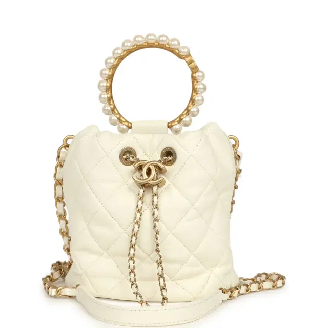 Chanel Pre-owned Chanel Mini Pearl Top Handle Bucket Bag White Calfskin Antique Gold Hardware