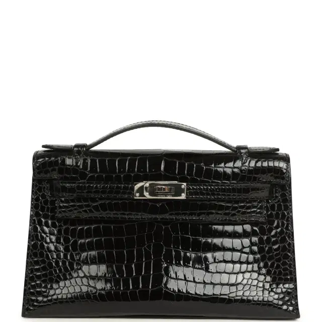 hermes Pre-owned Hermes Kelly Pochette Black Shiny Porosus Crocodile Palladium Hardware