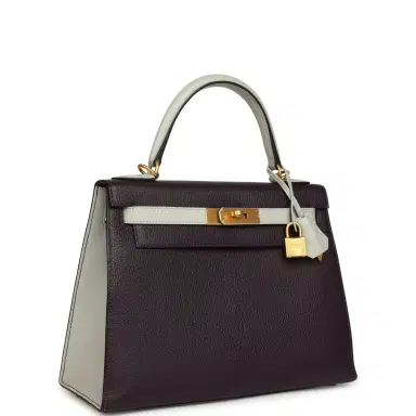 HERMÈS Pre-owned Hermes Special Order (HSS) Kelly Sellier 28 Raisin and Gris Perle Chevre Brushed Gold Hardware | Thumbnail 2 HERMÈS Pre-owned Hermes Special Order (HSS) Kelly Sellier 28 Raisin and Gris Perle Chevre Brushed Gold Hardware | Thumbnail 2