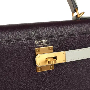 HERMÈS Pre-owned Hermes Special Order (HSS) Kelly Sellier 28 Raisin and Gris Perle Chevre Brushed Gold Hardware | Thumbnail 7 HERMÈS Pre-owned Hermes Special Order (HSS) Kelly Sellier 28 Raisin and Gris Perle Chevre Brushed Gold Hardware | Thumbnail 7
