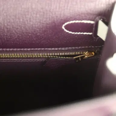 HERMÈS Pre-owned Hermes Special Order (HSS) Kelly Sellier 28 Raisin and Gris Perle Chevre Brushed Gold Hardware | Thumbnail 9 HERMÈS Pre-owned Hermes Special Order (HSS) Kelly Sellier 28 Raisin and Gris Perle Chevre Brushed Gold Hardware | Thumbnail 9