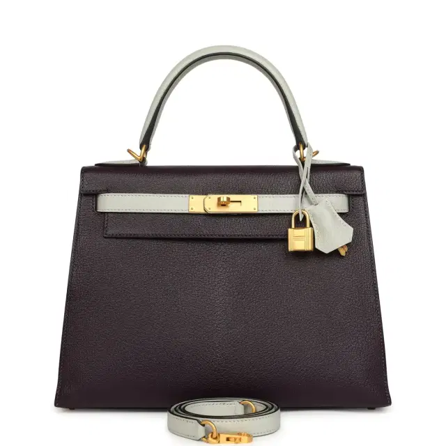 hermes Pre-owned Hermes Special Order (HSS) Kelly Sellier 28 Raisin and Gris Perle Chevre Brushed Gold Hardware