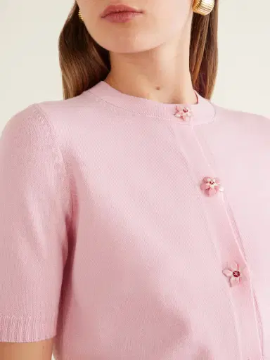 Oscar de la Renta Cropped Floral-embellished Cashmere Cardigan | Thumbnail 4 Oscar de la Renta Cropped Floral-embellished Cashmere Cardigan | Thumbnail 4