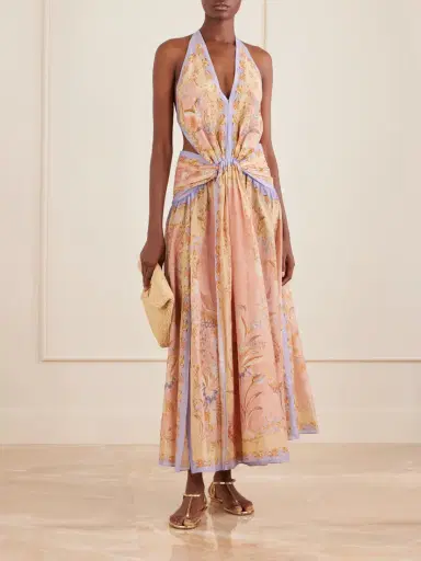 Zimmermann Indra Plunge Printed Metallic Cotton And Silk-blend Halterneck Maxi Dress | Thumbnail 2