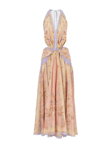 Zimmermann Indra Plunge Printed Metallic Cotton And Silk-blend Halterneck Maxi Dress | Thumbnail 1
