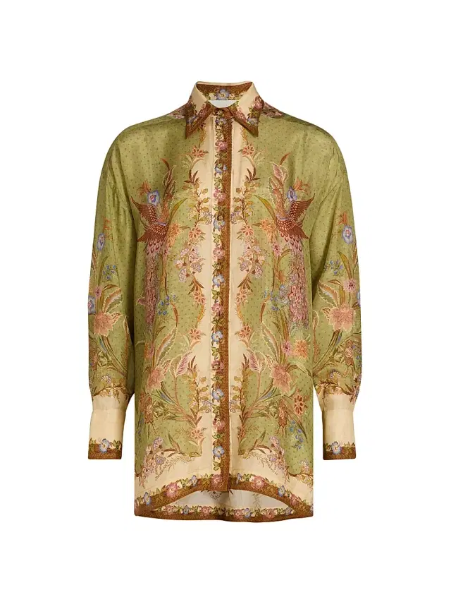 Women's Indra Printed Silk Relaxed Button-Front Shirt - Khaki Scarf Floral
