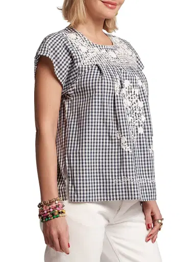 Frances Valentine Women's Camila Embroidered Gingham Top - Navy Oyster - Size XL | Thumbnail 2 Frances Valentine Women's Camila Embroidered Gingham Top - Navy Oyster - Size XL | Thumbnail 2