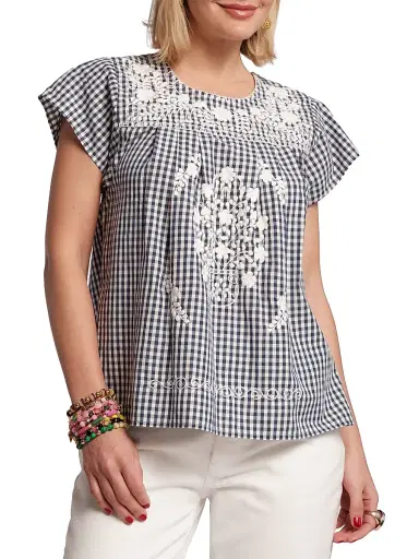 Frances Valentine Women's Camila Embroidered Gingham Top - Navy Oyster - Size XL | Thumbnail 1 Frances Valentine Women's Camila Embroidered Gingham Top - Navy Oyster - Size XL | Thumbnail 1