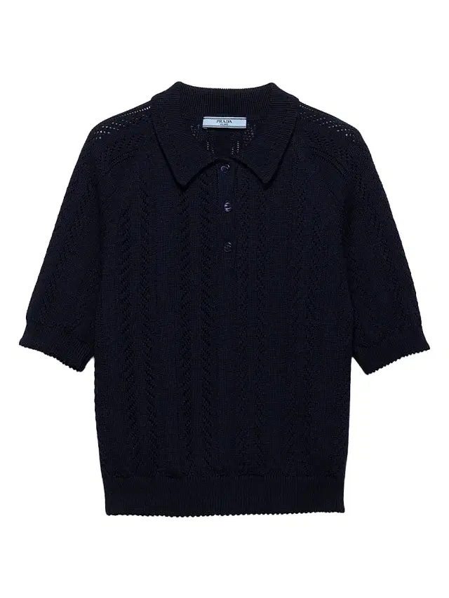 Prada Women's Short-Sleeved Openwork Cotton Polo Shirt - Blue