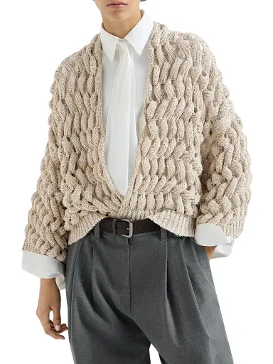 Brunello Cucinelli Women's Silk and Linen Dazzling Waves Cardigan - Sand - Size XXL | Thumbnail 2 Brunello Cucinelli Women's Silk and Linen Dazzling Waves Cardigan - Sand - Size XXL | Thumbnail 2