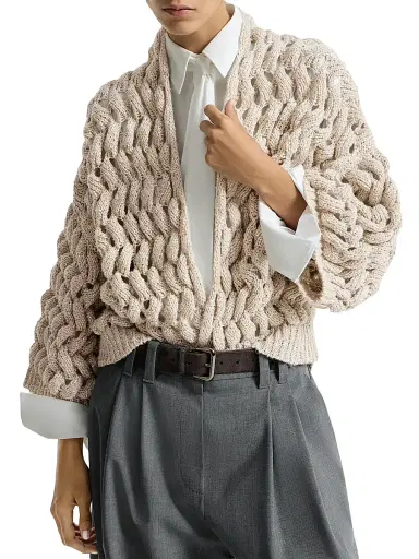 Brunello Cucinelli Women's Silk and Linen Dazzling Waves Cardigan - Sand - Size XXL | Thumbnail 4 Brunello Cucinelli Women's Silk and Linen Dazzling Waves Cardigan - Sand - Size XXL | Thumbnail 4