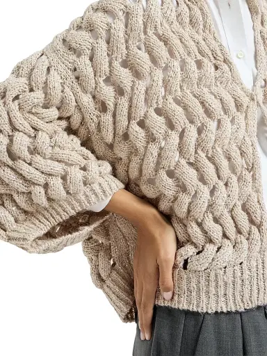 Brunello Cucinelli Women's Silk and Linen Dazzling Waves Cardigan - Sand - Size XXL | Thumbnail 5 Brunello Cucinelli Women's Silk and Linen Dazzling Waves Cardigan - Sand - Size XXL | Thumbnail 5