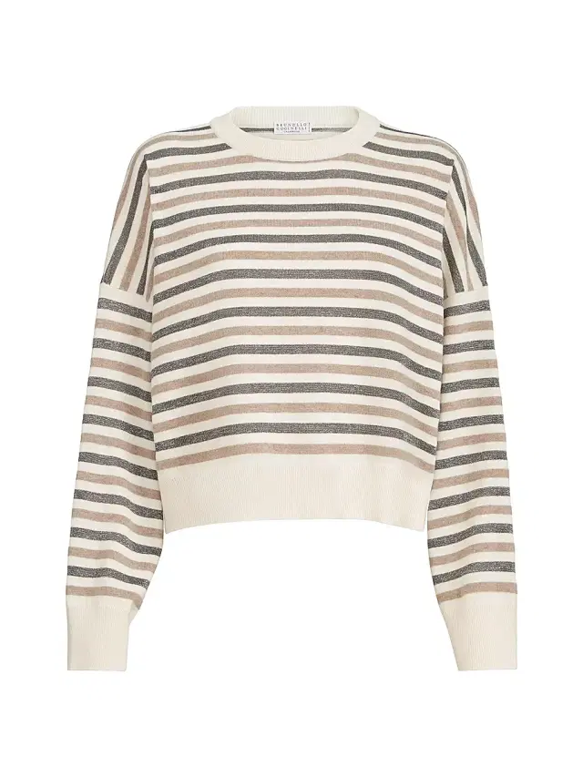 Brunello Cucinelli Women's Virgin Wool, Cashmere and Silk Sparkling Stripes Sweater - White