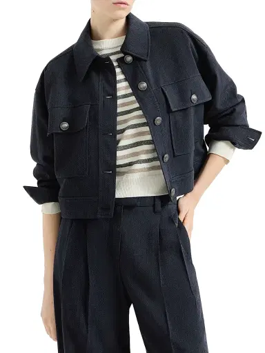 Brunello Cucinelli Women's Virgin Wool Crêpe Chevron Cropped Outerwear Jacket with Monili - Navy Blue - Size 14 | Thumbnail 2