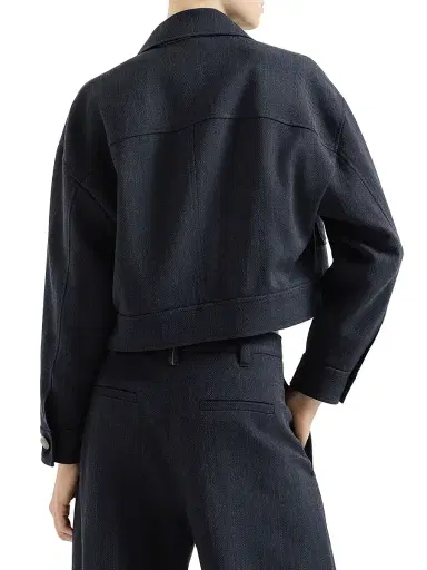 Brunello Cucinelli Women's Virgin Wool Crêpe Chevron Cropped Outerwear Jacket with Monili - Navy Blue - Size 14 | Thumbnail 3