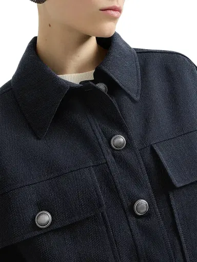 Brunello Cucinelli Women's Virgin Wool Crêpe Chevron Cropped Outerwear Jacket with Monili - Navy Blue - Size 14 | Thumbnail 4