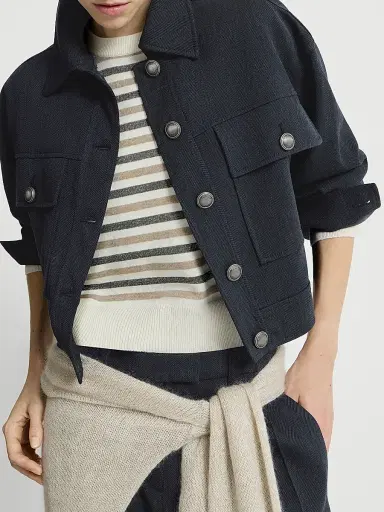Brunello Cucinelli Women's Virgin Wool Crêpe Chevron Cropped Outerwear Jacket with Monili - Navy Blue - Size 14 | Thumbnail 5