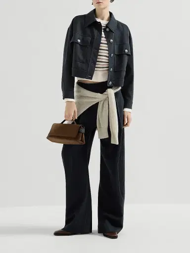 Brunello Cucinelli Women's Virgin Wool Crêpe Chevron Cropped Outerwear Jacket with Monili - Navy Blue - Size 14 | Thumbnail 6