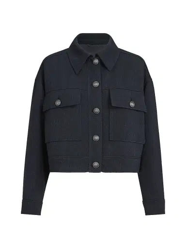 Brunello Cucinelli Women's Virgin Wool Crêpe Chevron Cropped Outerwear Jacket with Monili - Navy Blue - Size 14 | Thumbnail 1