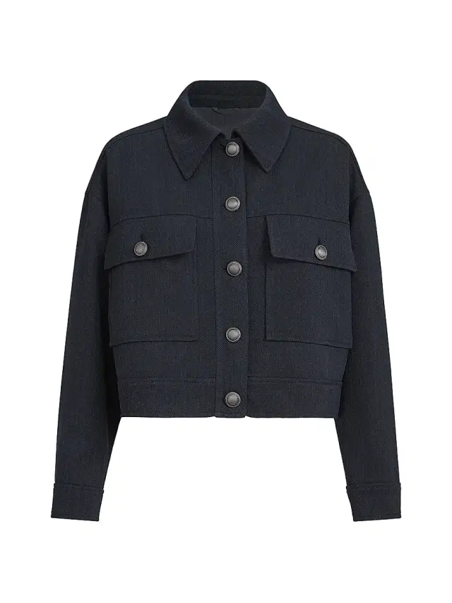 Brunello Cucinelli Women's Virgin Wool Crêpe Chevron Cropped Outerwear Jacket with Monili - Navy Blue