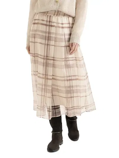Brunello Cucinelli Women's Silk Organza Pleated Skirt in Macro Check Print - White - Size 10 | Thumbnail 2