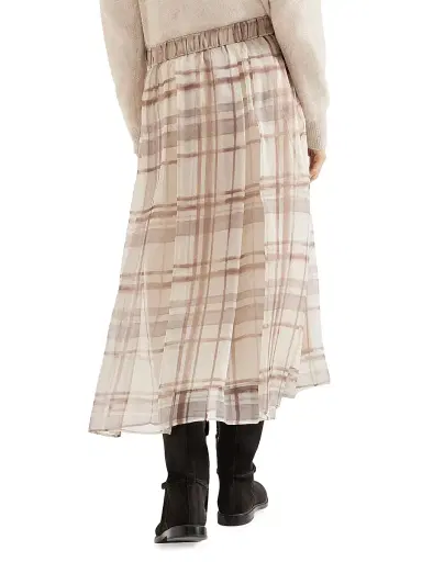 Brunello Cucinelli Women's Silk Organza Pleated Skirt in Macro Check Print - White - Size 10 | Thumbnail 3