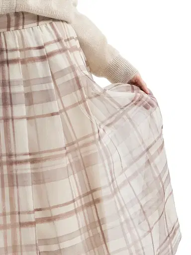 Brunello Cucinelli Women's Silk Organza Pleated Skirt in Macro Check Print - White - Size 10 | Thumbnail 4