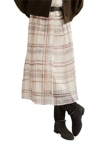 Brunello Cucinelli Women's Silk Organza Pleated Skirt in Macro Check Print - White - Size 10 | Thumbnail 5
