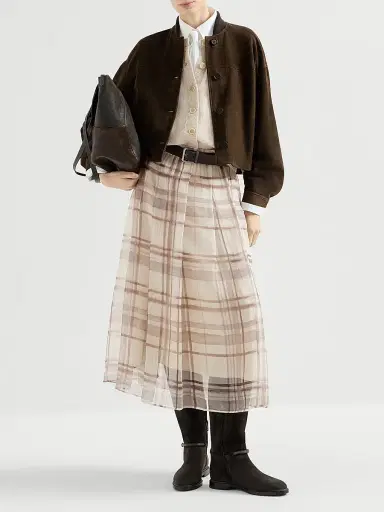 Brunello Cucinelli Women's Silk Organza Pleated Skirt in Macro Check Print - White - Size 10 | Thumbnail 6