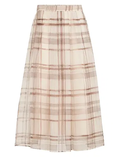 Brunello Cucinelli Women's Silk Organza Pleated Skirt in Macro Check Print - White - Size 10 | Thumbnail 1