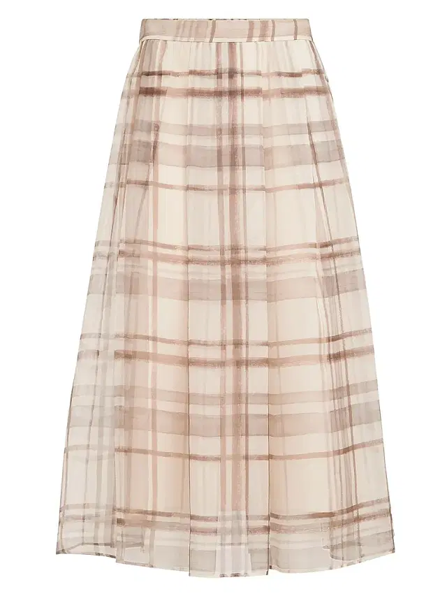 Brunello Cucinelli Women's Silk Organza Pleated Skirt in Macro Check Print - White