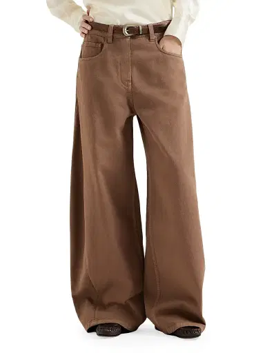Brunello Cucinelli Women's Dyed Denim Wide Jeans with Monili - Brown | Thumbnail 2