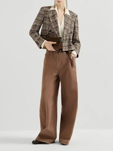 Brunello Cucinelli Women's Dyed Denim Wide Jeans with Monili - Brown | Thumbnail 6