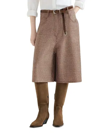 Brunello Cucinelli Women's Sparkling Virgin Wool Houndstooth Long Bermuda Shorts with Monili - Brown - Size 14 | Thumbnail 2